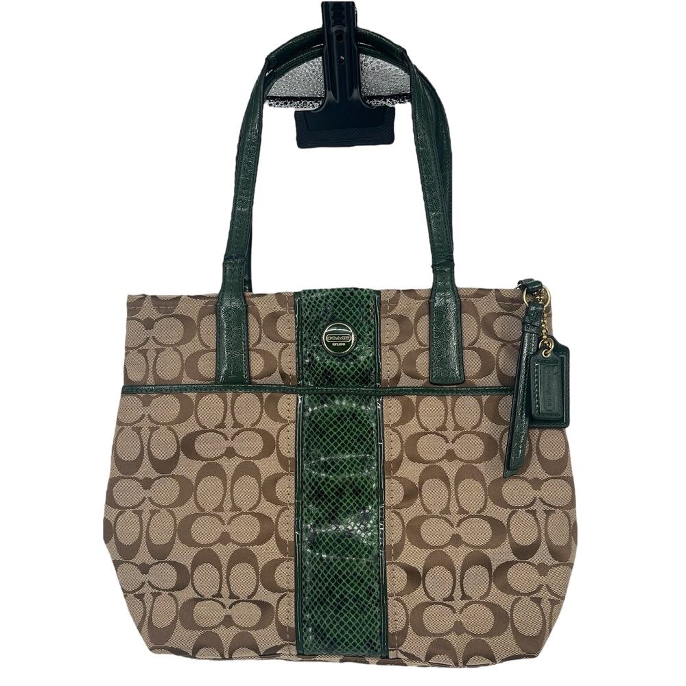 Coach Signature Monogram Tan Tote Handbag With Olive Green Trim and Interior